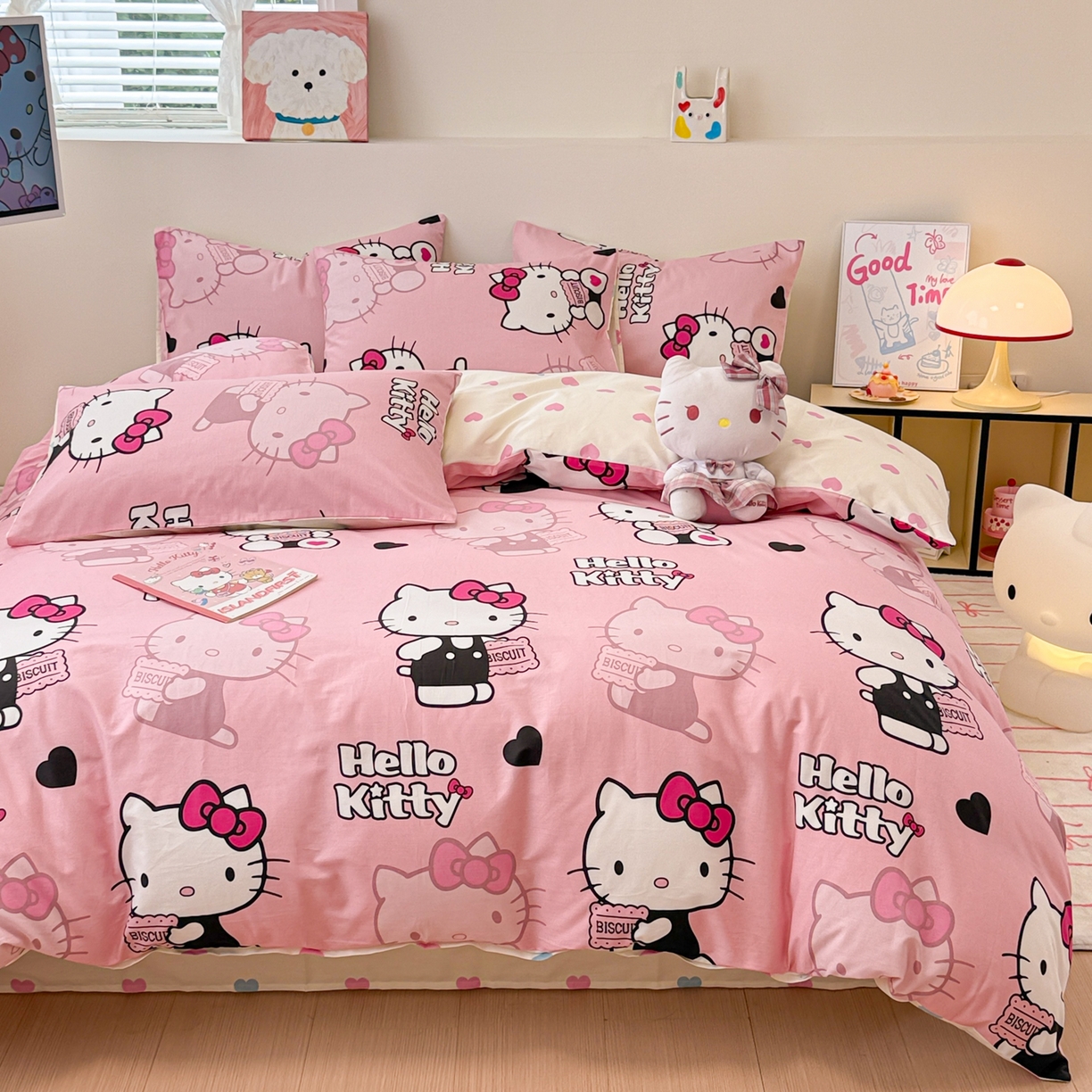 91家纺网 家纺一手货源 找家纺 简宜家居（朝初家纺） 2026新款40支100%纯棉全棉13070斜纹四件套-三丽鸥卡通系列 kitty 粉