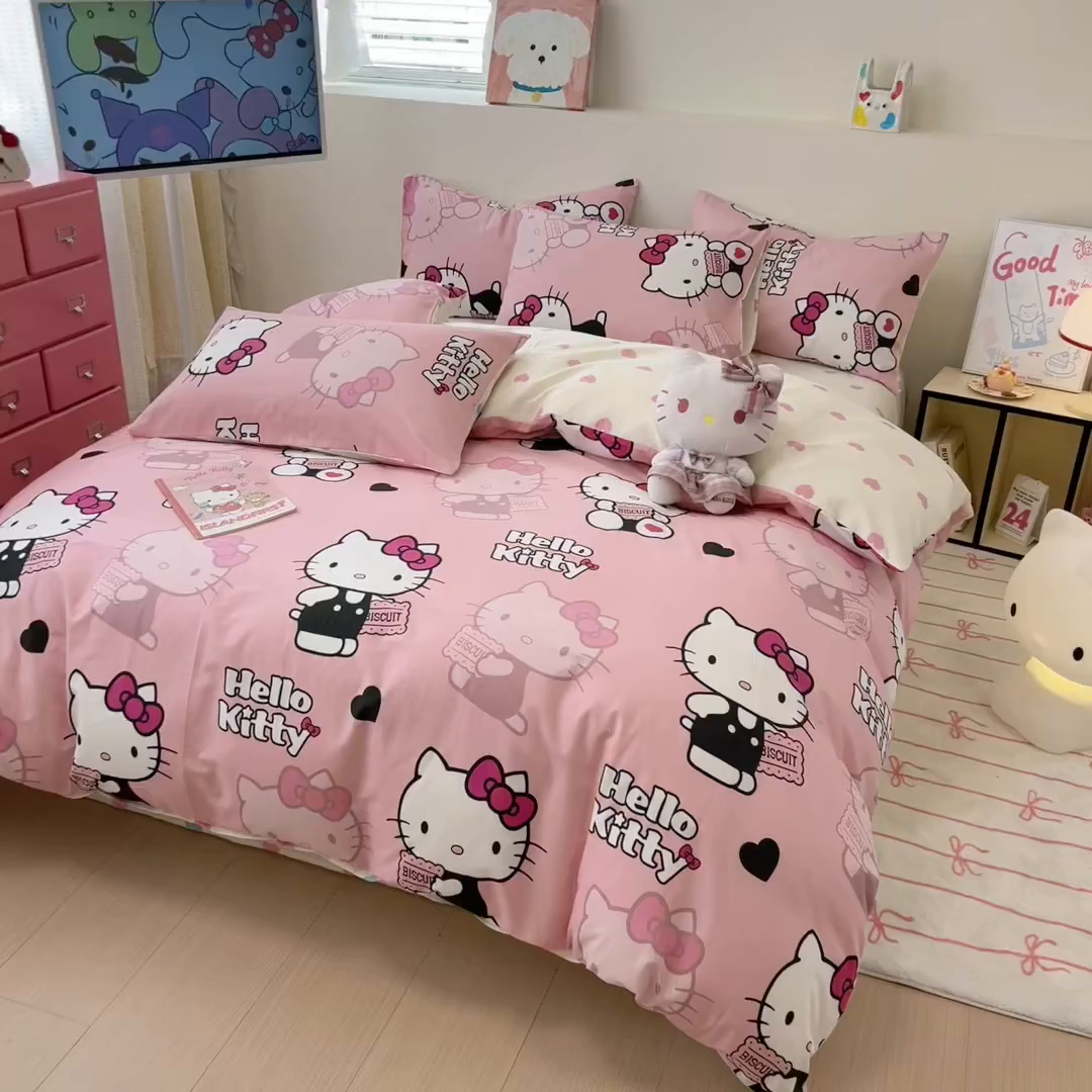 91家纺网 家纺一手货源 找家纺 简宜家居（朝初家纺） 2026新款40支100%纯棉全棉13070斜纹四件套-三丽鸥卡通系列 kitty 粉