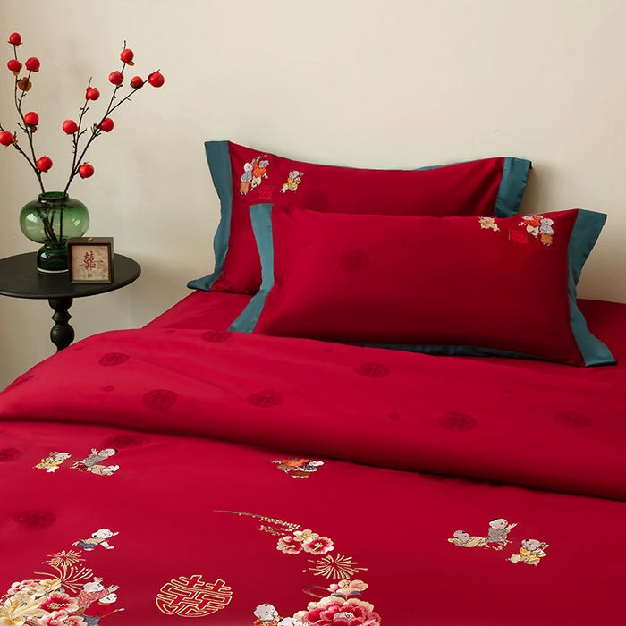 91家纺网 家纺一手货源 找家纺 （总）甜咪咪婚庆 2026新品婚庆50双股100支提花长绒棉全棉床单床盖款结婚四件套多件套   结婚需备品