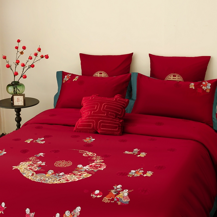 91家纺网 家纺一手货源 找家纺 （总）甜咪咪婚庆 2026新品婚庆50双股100支提花长绒棉全棉床单床盖款结婚四件套多件套   结婚需备品