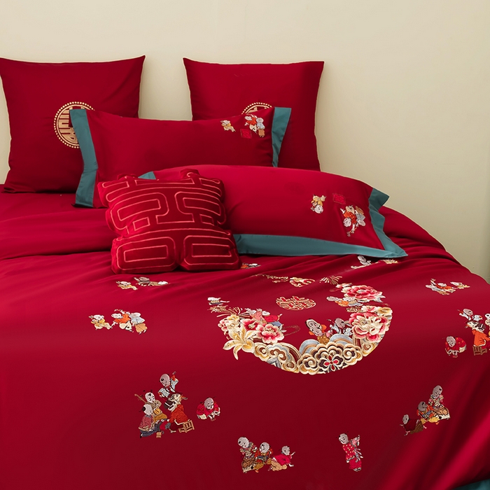 91家纺网 家纺一手货源 找家纺 （总）甜咪咪婚庆 2026新品婚庆50双股100支提花长绒棉全棉床单床盖款结婚四件套多件套   结婚需备品