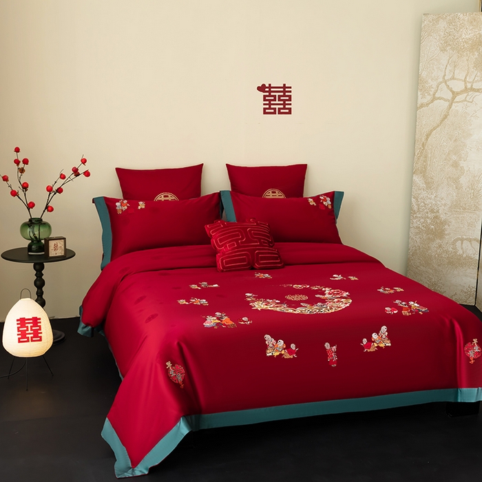 91家纺网 家纺一手货源 找家纺 （总）甜咪咪婚庆 2026新品婚庆50双股100支提花长绒棉全棉床单床盖款结婚四件套多件套   结婚需备品