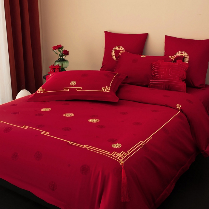 91家纺网 家纺一手货源 找家纺 （总）甜咪咪婚庆 2026新品婚庆50双股100支提花长绒棉全棉床单床盖款结婚四件套多件套   结婚需备品