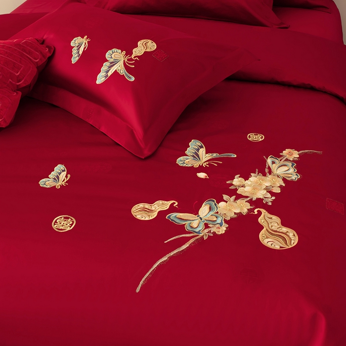 91家纺网 家纺一手货源 找家纺 甜咪咪婚庆 2026新品婚庆50双股100支提花长绒棉全棉床单床盖款结婚四件套多件套   结婚需备品 蝶恋花