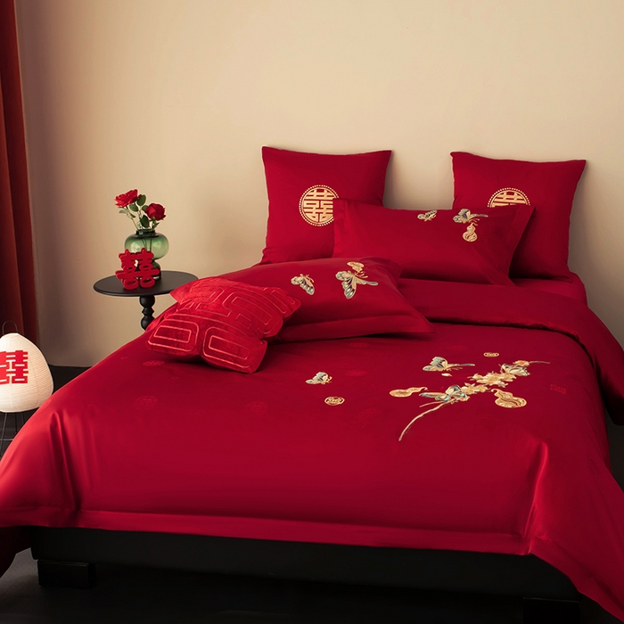 91家纺网 家纺一手货源 找家纺 甜咪咪婚庆 2026新品婚庆50双股100支提花长绒棉全棉床单床盖款结婚四件套多件套   结婚需备品 蝶恋花