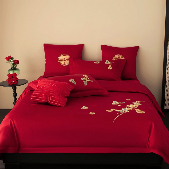 91家纺网 家纺一手货源 找家纺 甜咪咪婚庆 2026新品婚庆50双股100支提花长绒棉全棉床单床盖款结婚四件套多件套   结婚需备品 蝶恋花