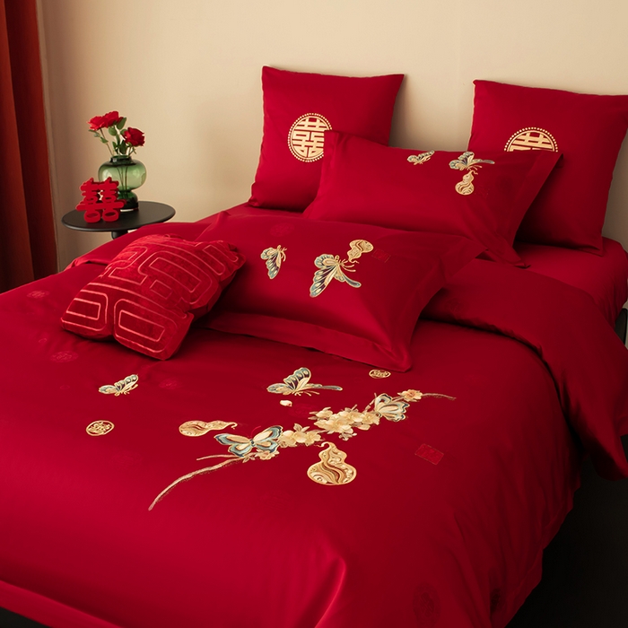 甜咪咪婚庆 2026新品婚庆50双股100支提花长绒棉全棉床单床盖款结婚四件套多件套   结婚需备品 蝶恋花