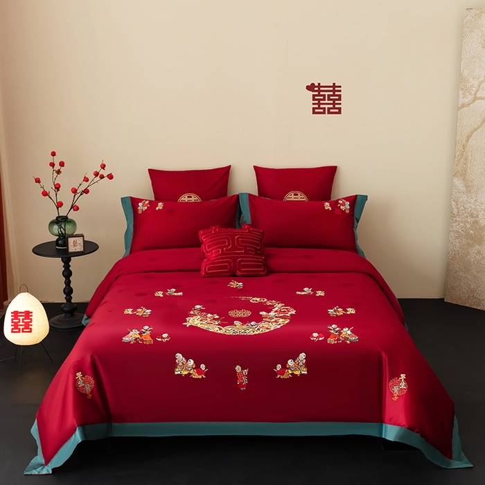 91家纺网 家纺一手货源 找家纺 甜咪咪婚庆 2026新品婚庆50双股100支提花长绒棉全棉床单床盖款结婚四件套多件套   结婚需备品 百子闹喜