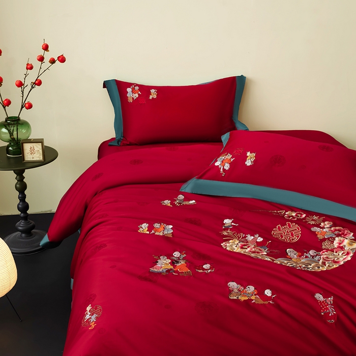 91家纺网 家纺一手货源 找家纺 甜咪咪婚庆 2026新品婚庆50双股100支提花长绒棉全棉床单床盖款结婚四件套多件套   结婚需备品 百子闹喜