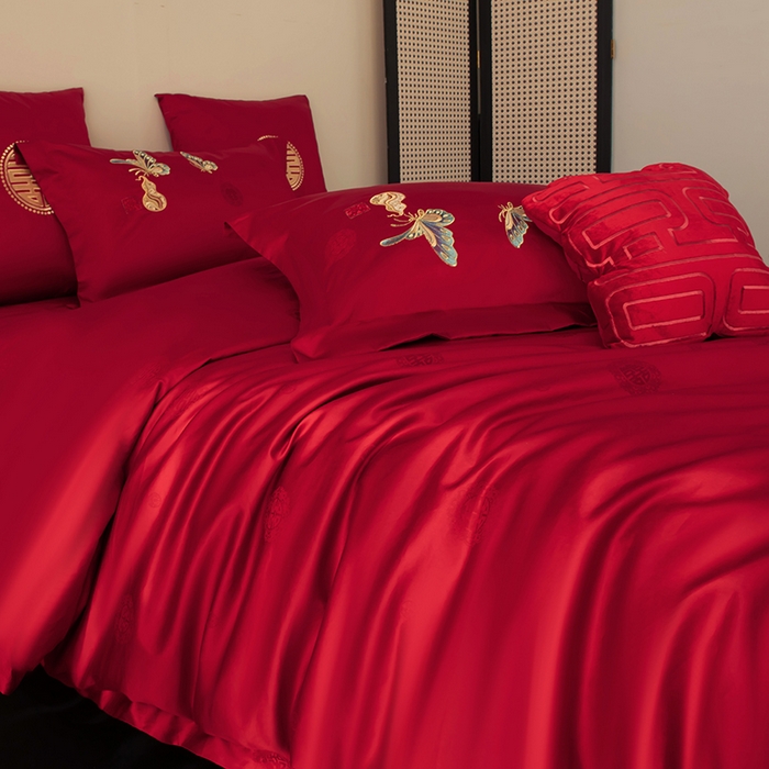 91家纺网 家纺一手货源 找家纺 甜咪咪婚庆 2026新品婚庆50双股100支提花长绒棉全棉床单床盖款结婚四件套多件套   结婚需备品 蝶恋花