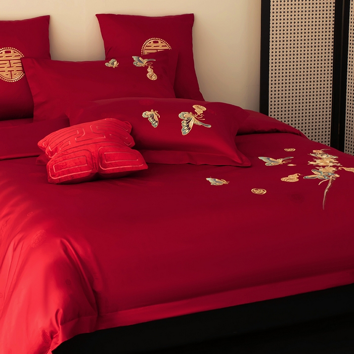 91家纺网 家纺一手货源 找家纺 甜咪咪婚庆 2026新品婚庆50双股100支提花长绒棉全棉床单床盖款结婚四件套多件套   结婚需备品 蝶恋花