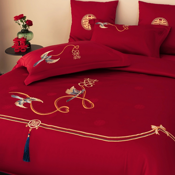 91家纺网 家纺一手货源 找家纺 甜咪咪婚庆 2026新品婚庆50双股100支提花长绒棉全棉床单床盖款结婚四件套多件套   结婚需备品 执手一生