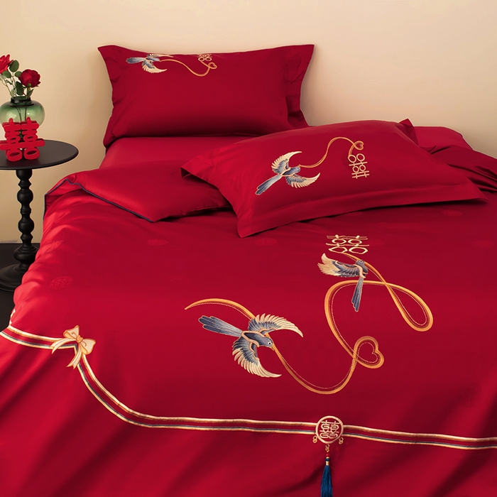 甜咪咪婚庆 2026新品婚庆50双股100支提花长绒棉全棉床单床盖款结婚四件套多件套   结婚需备品 执手一生