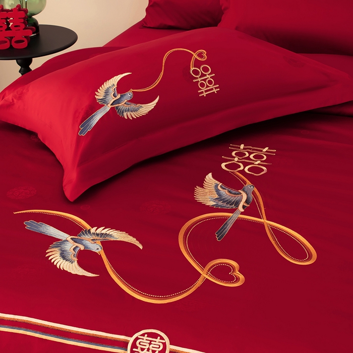 91家纺网 家纺一手货源 找家纺 甜咪咪婚庆 2026新品婚庆50双股100支提花长绒棉全棉床单床盖款结婚四件套多件套   结婚需备品 执手一生