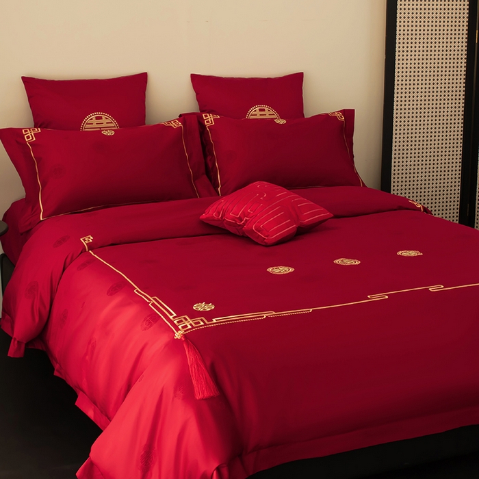 91家纺网 家纺一手货源 找家纺 甜咪咪婚庆 2026新品婚庆50双股100支提花长绒棉全棉床单床盖款结婚四件套多件套   结婚需备品 万里挑一