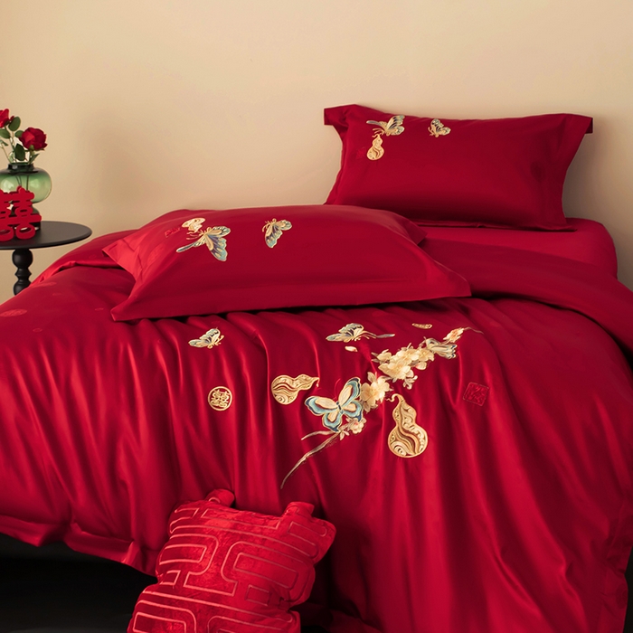 91家纺网 家纺一手货源 找家纺 甜咪咪婚庆 2026新品婚庆50双股100支提花长绒棉全棉床单床盖款结婚四件套多件套   结婚需备品 蝶恋花