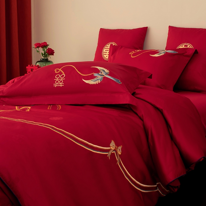 91家纺网 家纺一手货源 找家纺 甜咪咪婚庆 2026新品婚庆50双股100支提花长绒棉全棉床单床盖款结婚四件套多件套   结婚需备品 执手一生