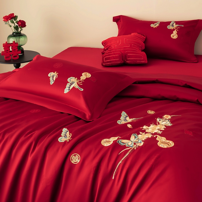 91家纺网 家纺一手货源 找家纺 甜咪咪婚庆 2026新品婚庆50双股100支提花长绒棉全棉床单床盖款结婚四件套多件套   结婚需备品 蝶恋花