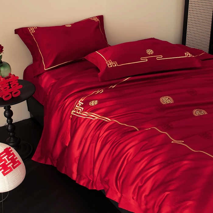 91家纺网 家纺一手货源 找家纺 甜咪咪婚庆 2026新品婚庆50双股100支提花长绒棉全棉床单床盖款结婚四件套多件套   结婚需备品 万里挑一