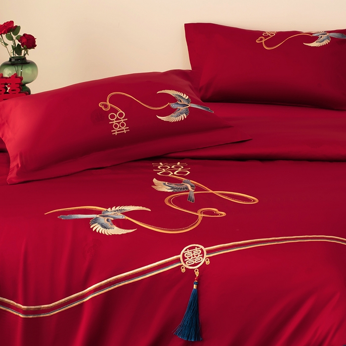 91家纺网 家纺一手货源 找家纺 甜咪咪婚庆 2026新品婚庆50双股100支提花长绒棉全棉床单床盖款结婚四件套多件套   结婚需备品 执手一生