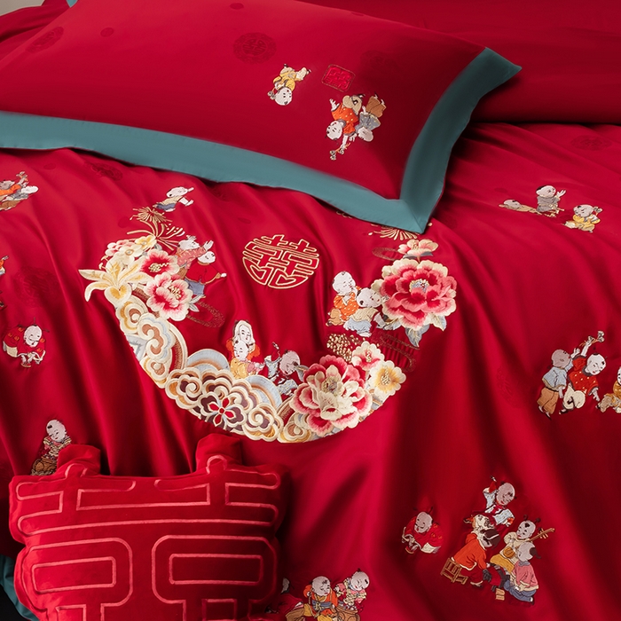 91家纺网 家纺一手货源 找家纺 甜咪咪婚庆 2026新品婚庆50双股100支提花长绒棉全棉床单床盖款结婚四件套多件套   结婚需备品 百子闹喜