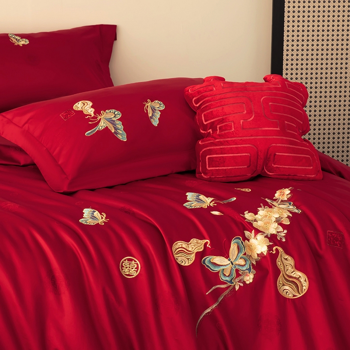 91家纺网 家纺一手货源 找家纺 甜咪咪婚庆 2026新品婚庆50双股100支提花长绒棉全棉床单床盖款结婚四件套多件套   结婚需备品 蝶恋花