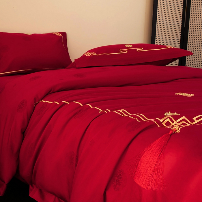 91家纺网 家纺一手货源 找家纺 甜咪咪婚庆 2026新品婚庆50双股100支提花长绒棉全棉床单床盖款结婚四件套多件套   结婚需备品 万里挑一