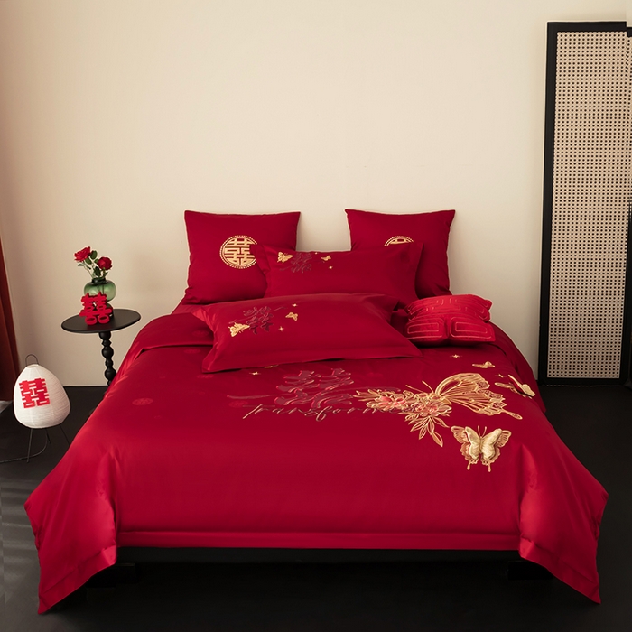 91家纺网 家纺一手货源 找家纺 甜咪咪婚庆 2026新品婚庆50双股100支提花长绒棉全棉床单床盖款结婚四件套多件套   结婚需备品 挚爱之约