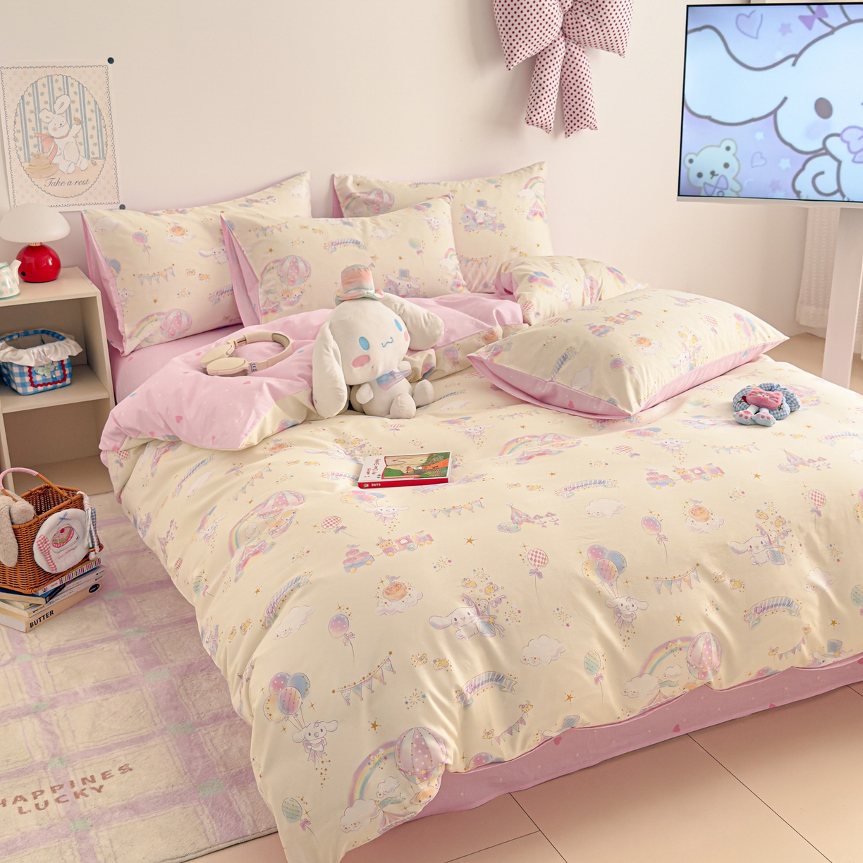 91家纺网 家纺一手货源 找家纺 简宜家居（朝初家纺） 2026新款40支100%纯棉全棉13070斜纹四件套-三丽鸥卡通系列 玉桂彩虹乐园