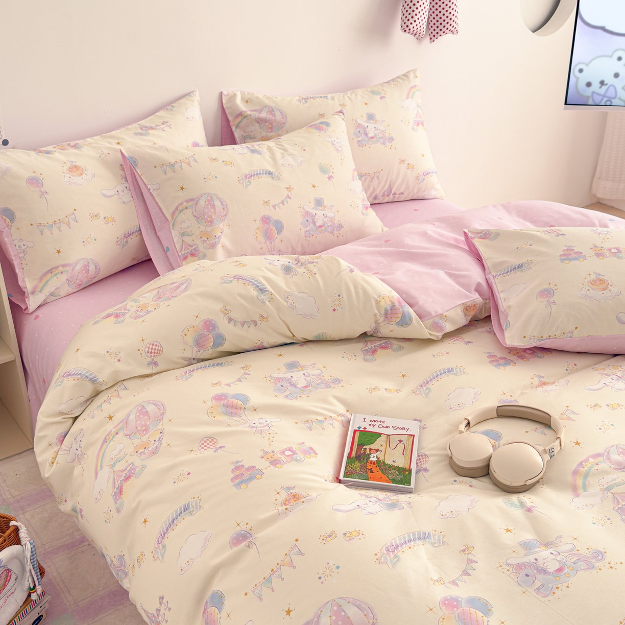 91家纺网 家纺一手货源 找家纺 简宜家居（朝初家纺） 2026新款40支100%纯棉全棉13070斜纹四件套-三丽鸥卡通系列 玉桂彩虹乐园