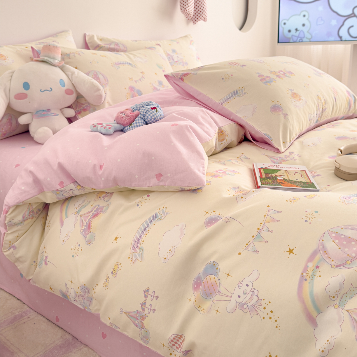 91家纺网 家纺一手货源 找家纺 简宜家居（朝初家纺） 2026新款40支100%纯棉全棉13070斜纹四件套-三丽鸥卡通系列 玉桂彩虹乐园