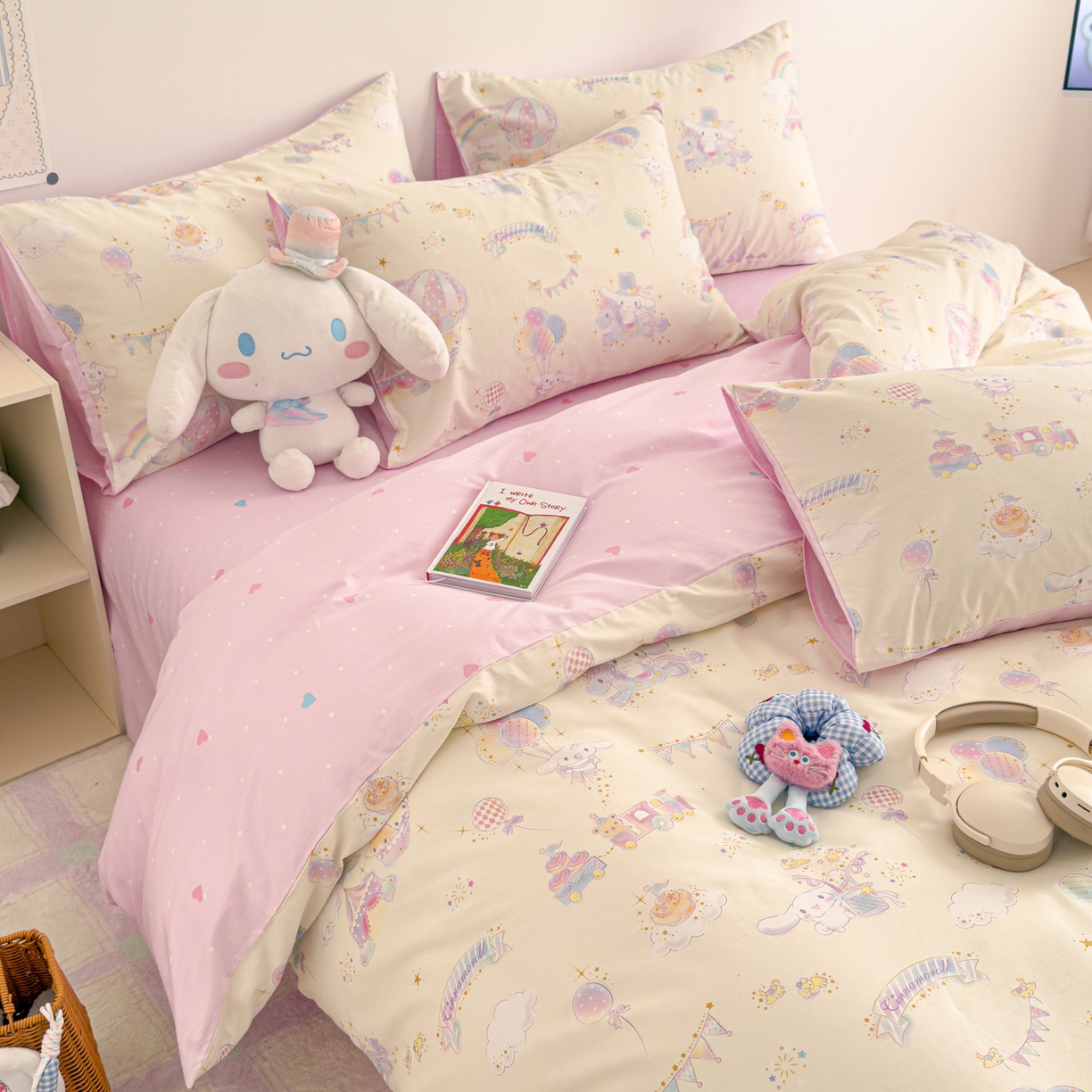 91家纺网 家纺一手货源 找家纺 简宜家居（朝初家纺） 2026新款40支100%纯棉全棉13070斜纹四件套-三丽鸥卡通系列 玉桂彩虹乐园