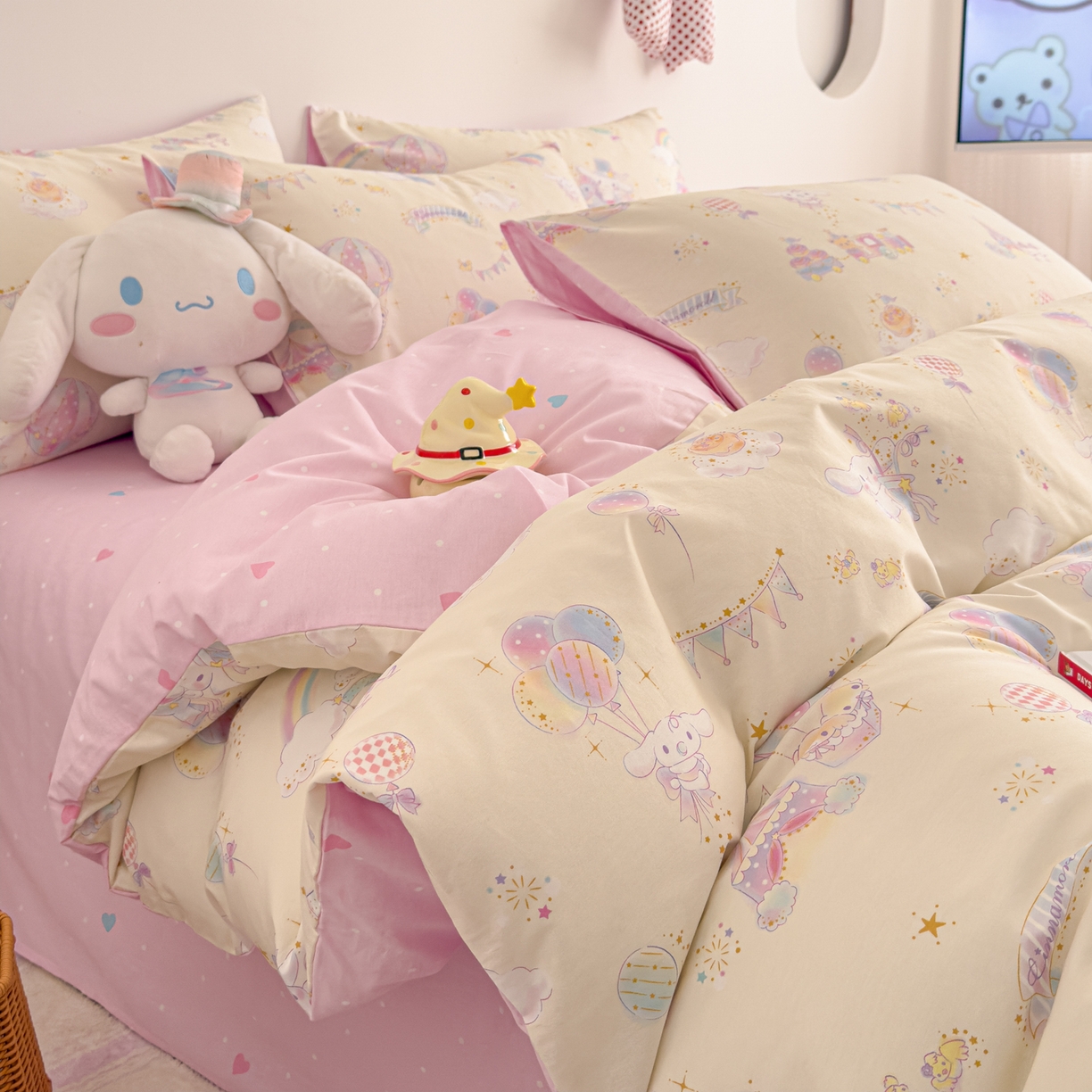 91家纺网 家纺一手货源 找家纺 简宜家居（朝初家纺） 2026新款40支100%纯棉全棉13070斜纹四件套-三丽鸥卡通系列 玉桂彩虹乐园