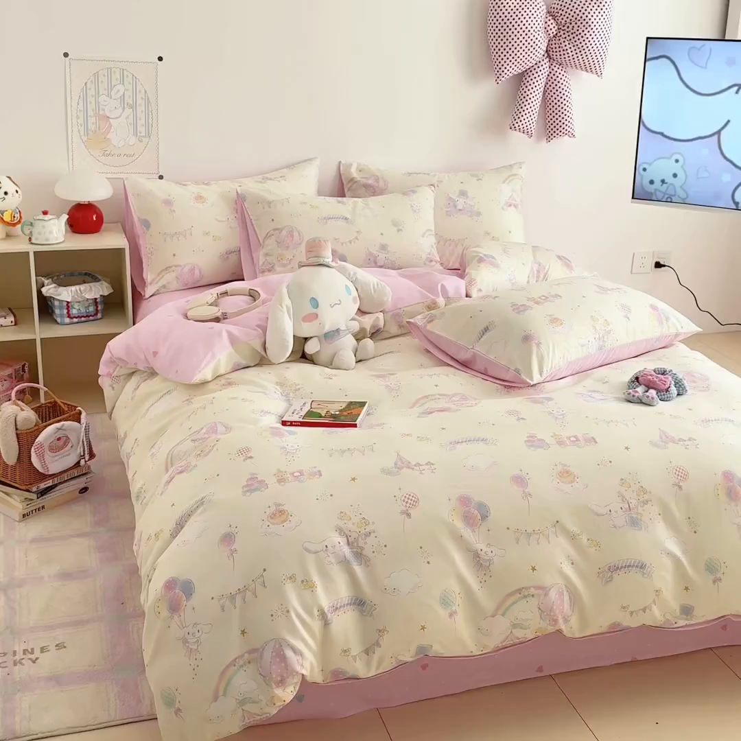 91家纺网 家纺一手货源 找家纺 简宜家居（朝初家纺） 2026新款40支100%纯棉全棉13070斜纹四件套-三丽鸥卡通系列 玉桂彩虹乐园