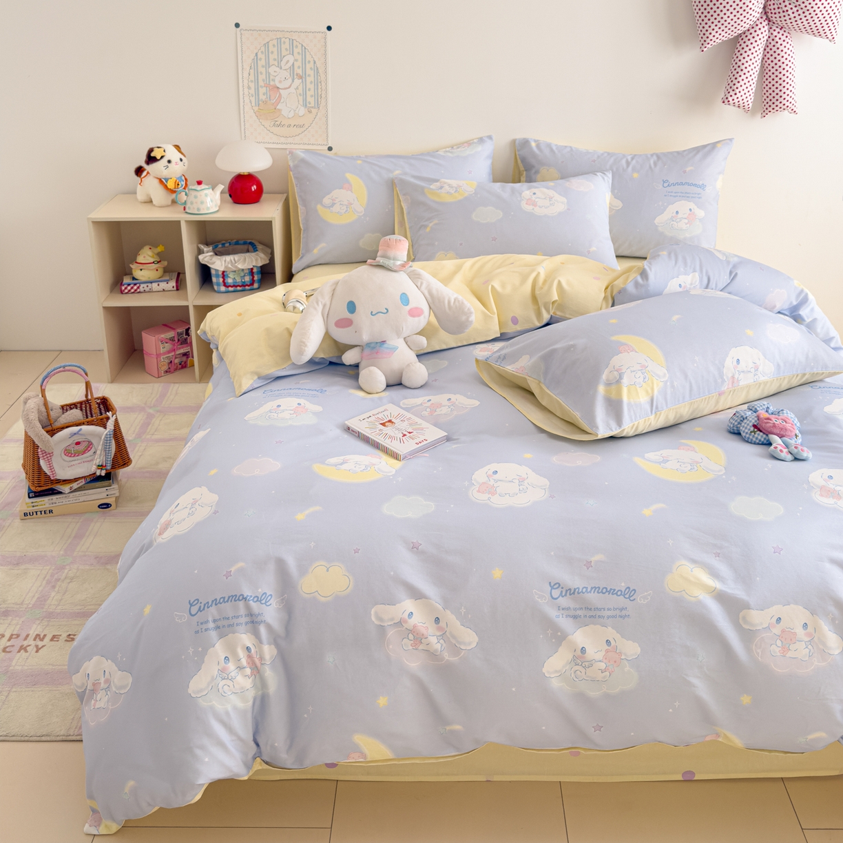 简宜家居（朝初家纺） 2026新款40支100%纯棉全棉13070斜纹四件套-三丽鸥卡通系列 云朵玉桂蓝
