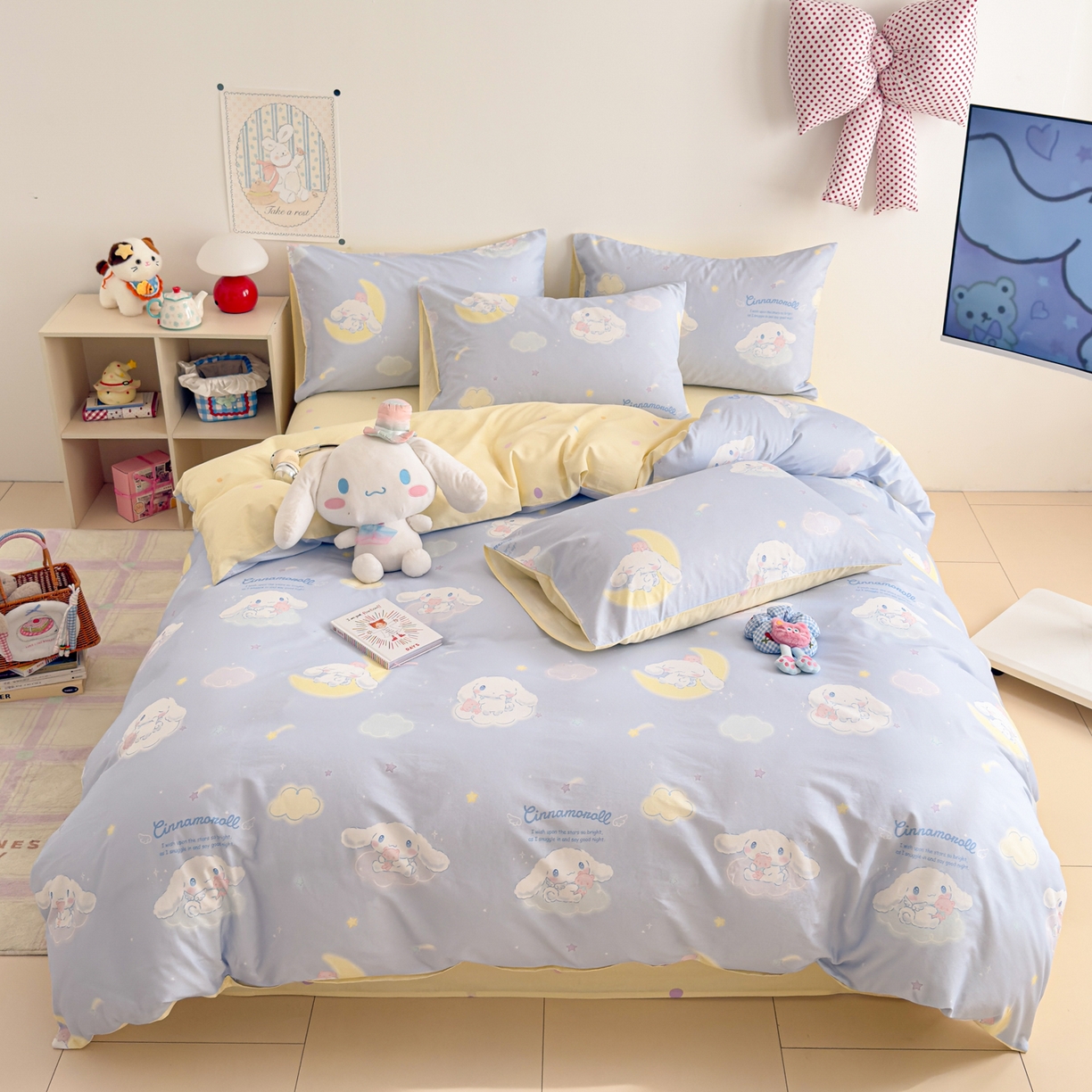 91家纺网 家纺一手货源 找家纺 简宜家居（朝初家纺） 2026新款40支100%纯棉全棉13070斜纹四件套-三丽鸥卡通系列 云朵玉桂蓝