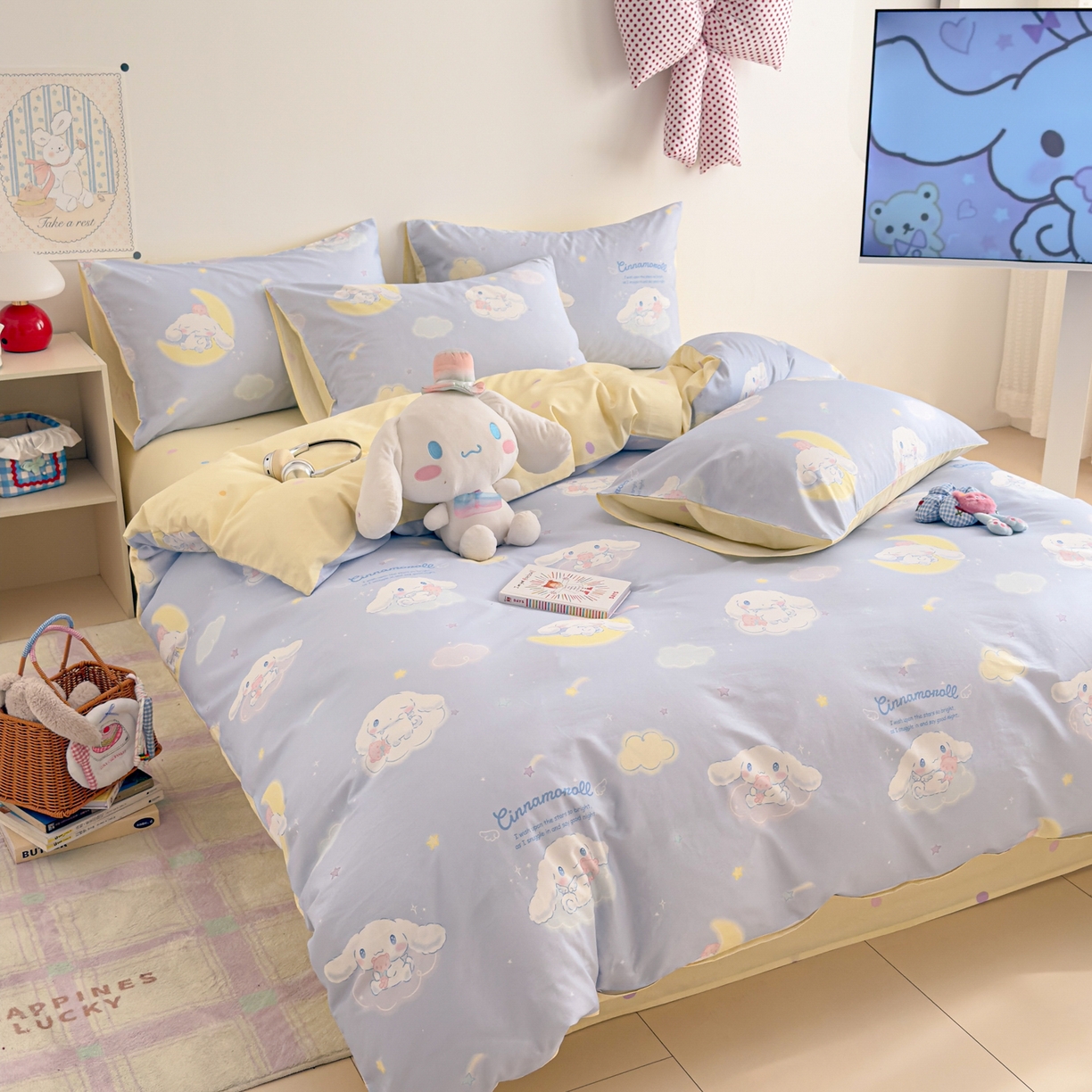 91家纺网 家纺一手货源 找家纺 简宜家居（朝初家纺） 2026新款40支100%纯棉全棉13070斜纹四件套-三丽鸥卡通系列 云朵玉桂蓝