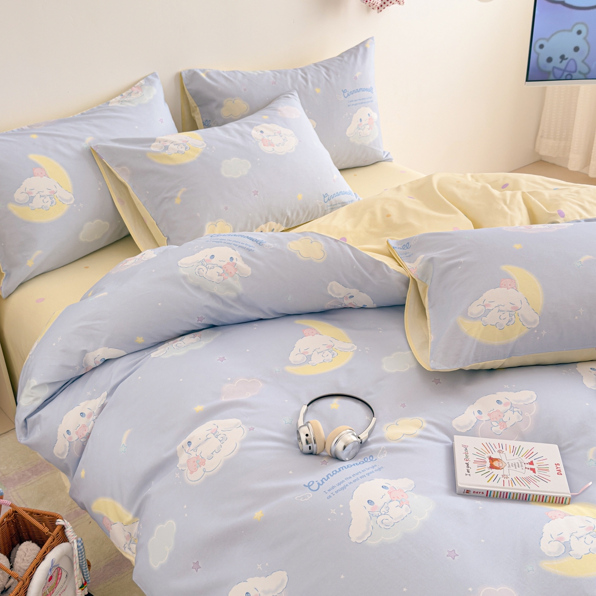 91家纺网 家纺一手货源 找家纺 简宜家居（朝初家纺） 2026新款40支100%纯棉全棉13070斜纹四件套-三丽鸥卡通系列 云朵玉桂蓝