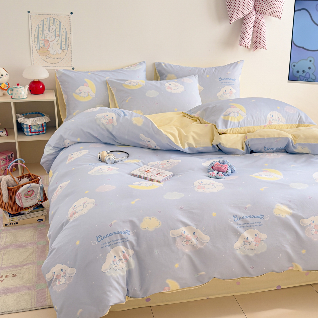 91家纺网 家纺一手货源 找家纺 简宜家居（朝初家纺） 2026新款40支100%纯棉全棉13070斜纹四件套-三丽鸥卡通系列 云朵玉桂蓝