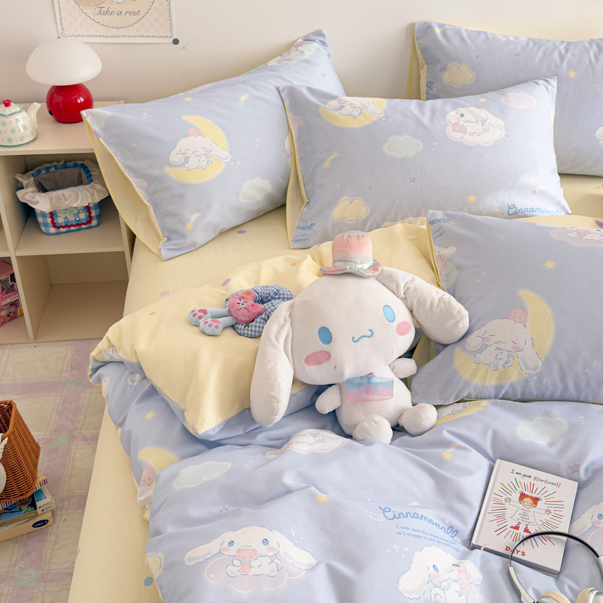 91家纺网 家纺一手货源 找家纺 简宜家居（朝初家纺） 2026新款40支100%纯棉全棉13070斜纹四件套-三丽鸥卡通系列 云朵玉桂蓝