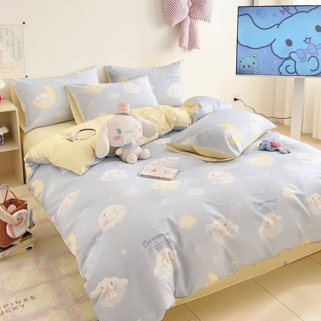 91家纺网 家纺一手货源 找家纺 简宜家居（朝初家纺） 2026新款40支100%纯棉全棉13070斜纹四件套-三丽鸥卡通系列 云朵玉桂蓝