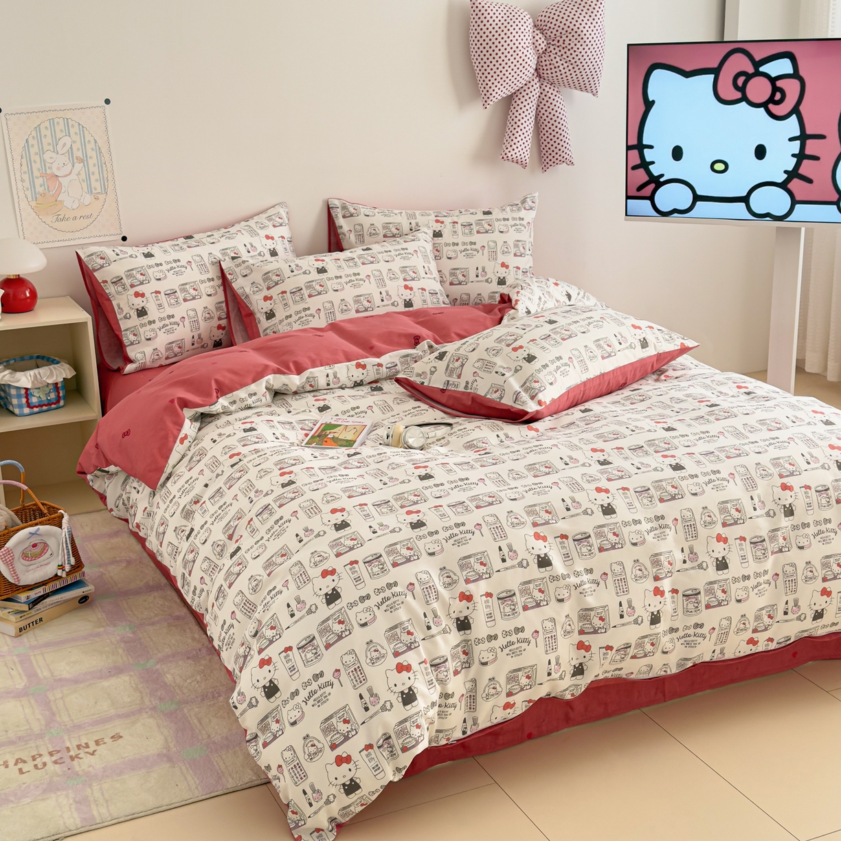 91家纺网 家纺一手货源 找家纺 简宜家居（朝初家纺） 2026新款40支100%纯棉全棉13070斜纹四件套-三丽鸥卡通系列 KT海报