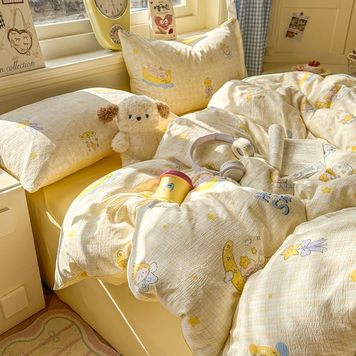 91家纺网 家纺一手货源 找家纺 柒月家居 2026新款云感皱皱纱小清新木棉四件套 精灵宝贝