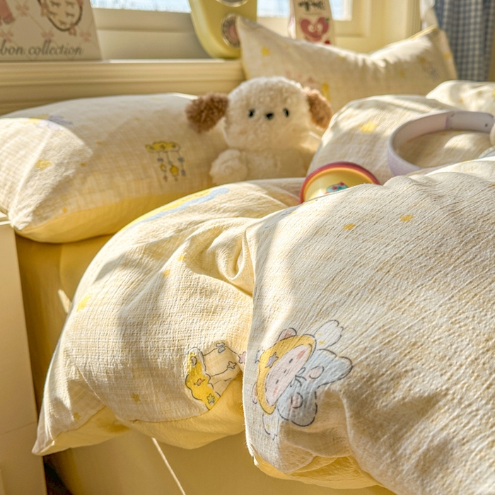 91家纺网 家纺一手货源 找家纺 柒月家居 2026新款云感皱皱纱小清新木棉四件套 精灵宝贝