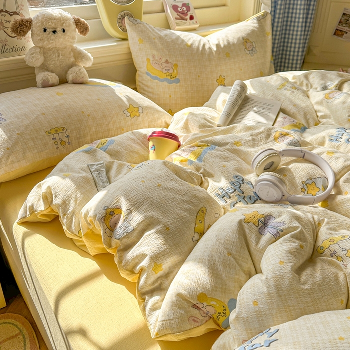 91家纺网 家纺一手货源 找家纺 柒月家居 2026新款云感皱皱纱小清新木棉四件套 精灵宝贝