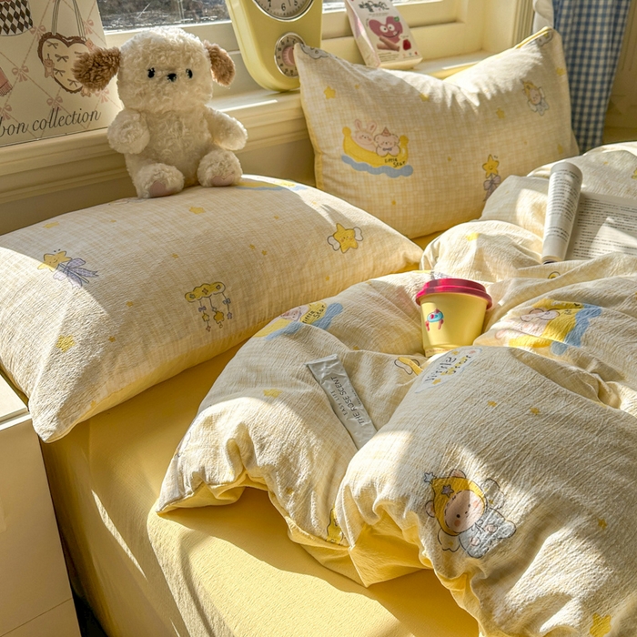 91家纺网 家纺一手货源 找家纺 柒月家居 2026新款云感皱皱纱小清新木棉四件套 精灵宝贝