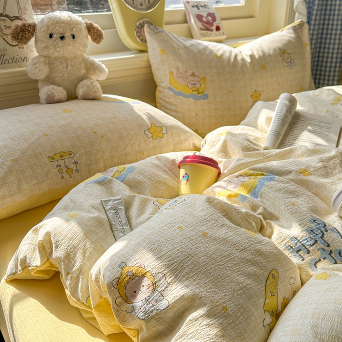 91家纺网 家纺一手货源 找家纺 柒月家居 2026新款云感皱皱纱小清新木棉四件套 精灵宝贝