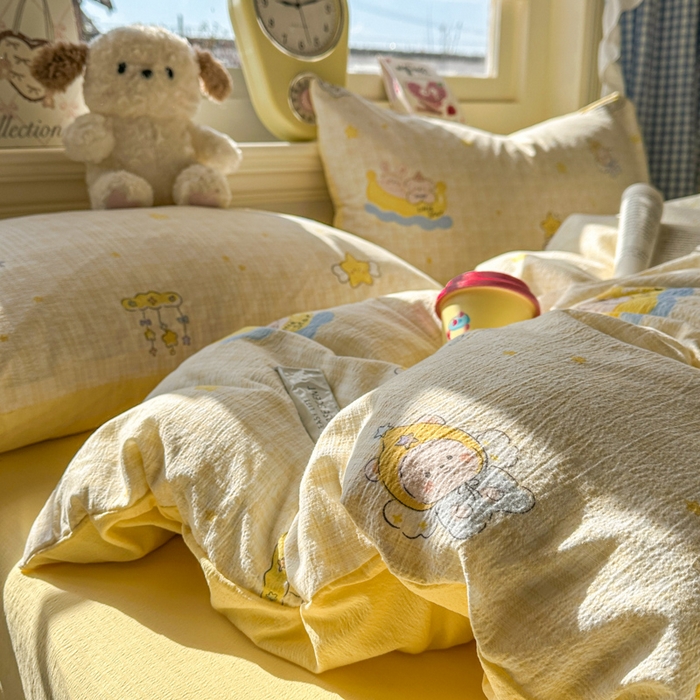 91家纺网 家纺一手货源 找家纺 柒月家居 2026新款云感皱皱纱小清新木棉四件套 精灵宝贝