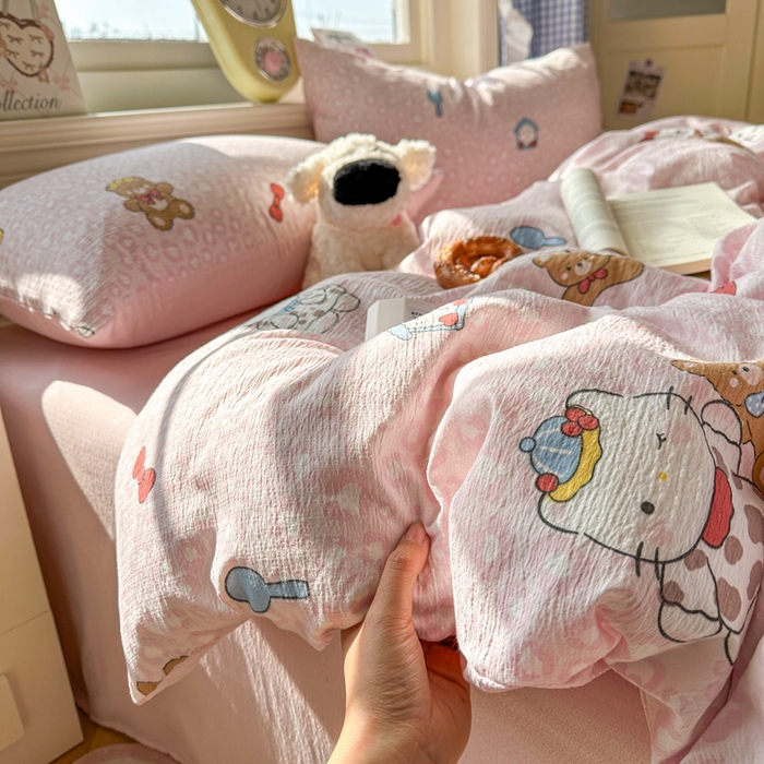 柒月家居 2026新款云感皱皱纱小清新木棉四件套 哈喽猫咪-粉