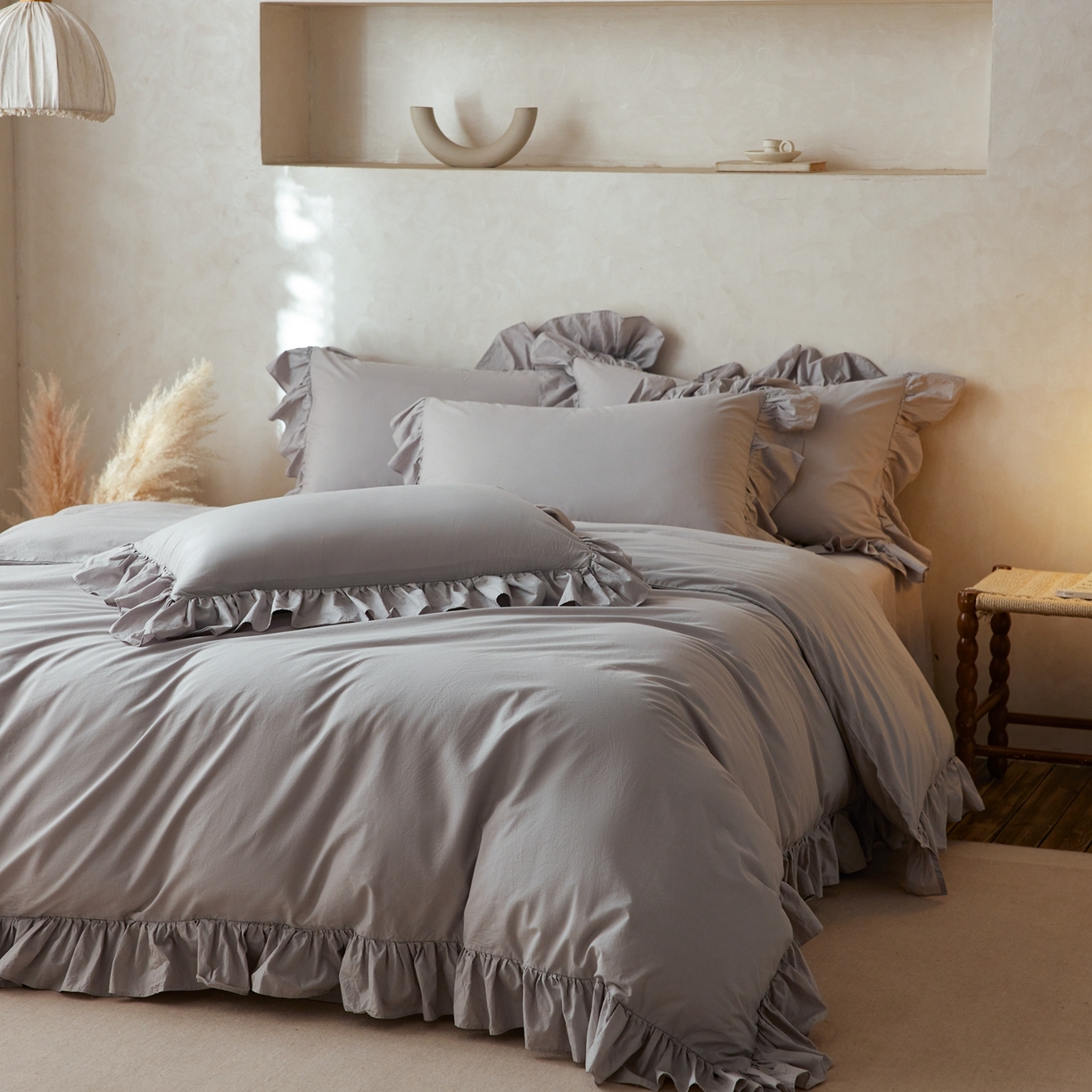 91家纺网 家纺一手货源 找家纺 （总）涞澳家纺 2026新款全棉纯棉水洗棉纯色花边款四件套-珠若